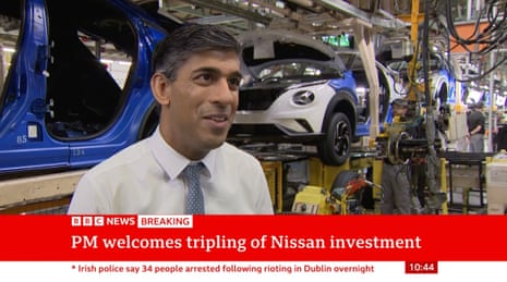 Rishi Sunak speaking on the BBC in front of a car production line