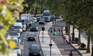 London’s cycle superhighway squeezes cars onVictoria Embankment.
