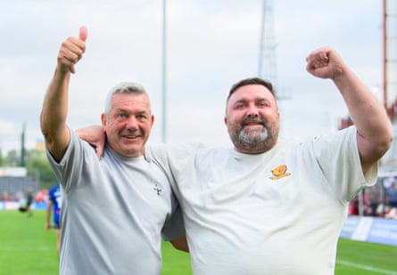 Wakefield coach Daryl Powell and owner Matt Ellis celebrating victory over Hull KR in July 2026