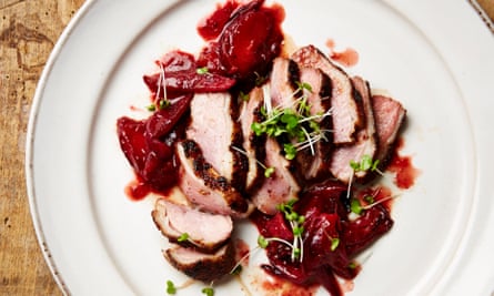 Spiced duck breast with plum and ginger chutney.