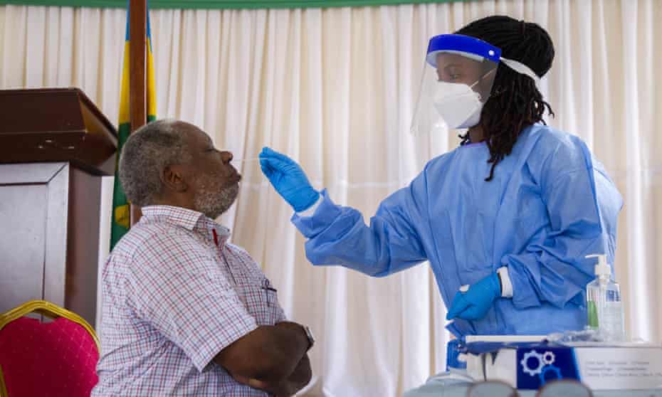 People aged over 70 receive free Covid testing in Kigali, Rwanda, in January.