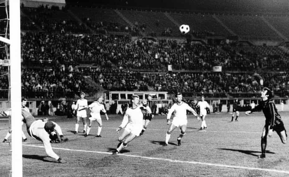 Neil Young keeps his eye on the ball before lashing it home for the opening goal of the game in Manchester City’s 2-1 win over Gornik Zabrze in the 1970 European Cup Winners’ Cup final.