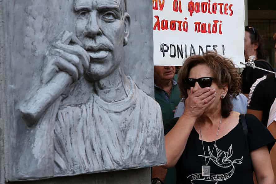 Magda Fyssas next of the monument in honour of her son, Pavlos, in 2013.
