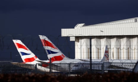 A British Airways plane at Terminal 5 at Heathrow Airport in west London.