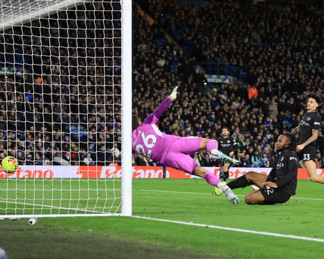 Antoine Semenyo scores Manchester City’s winner against Leeds.