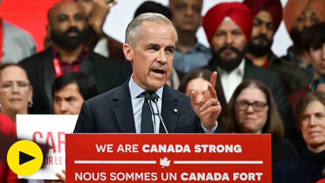 Mark Carney vows to fight Donald Trump in rousing Canada election victory speech – video
