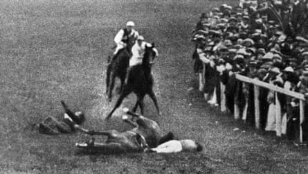 Suffragette Emily Davison is hit and killed by King George V’s horse Anmer during the 1913 Epsom Derby