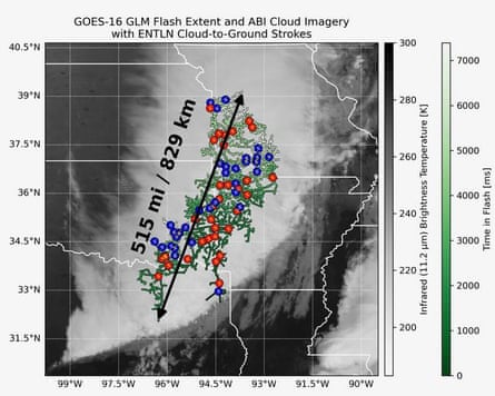 A satellite image of the lightning flash, with coloured circles parking branches