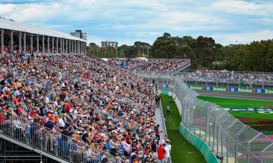 Fans take their seats at the Albert Park circuit as Charles Leclerc wins the race for Ferrari
