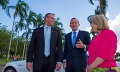 Then NT chief minister Adam Giles with then prime minister Tony Abbott and then federal MP Natasha Griggs during a visit to the Darwin Port Corporation in February 2014