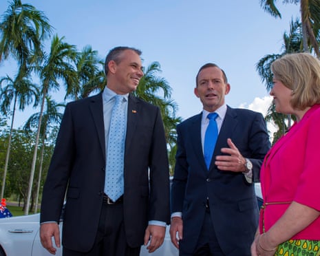 Then NT chief minister Adam Giles with then prime minister Tony Abbott and then federal MP Natasha Griggs during a visit to the Darwin Port Corporation in February 2014