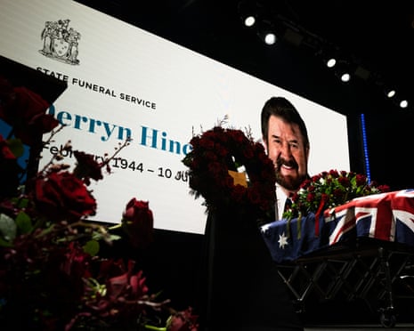 The stage and coffin of Derryn Hinch during the state funeral service.