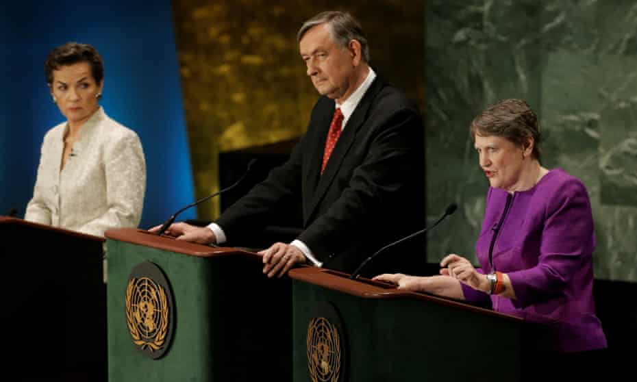 Helen Clark, right, during a debate in the UN general assembly between candidates vying to be the next secretary general. Fellow candidates, the former UN climate chief Christiana Figueres, left, and former Slovenian president, Danilo Turk, watch on. 
