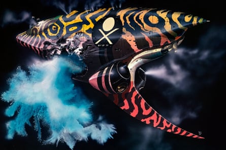 Illustration of a multicoloured spacecraft belching smoke from its side