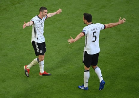 Germany’s Robin Gosens celebrates scoring their fourth goal with Mats Hummels.