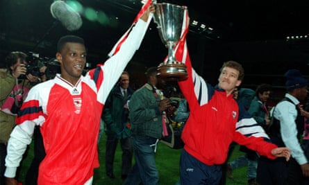 Paul Davis and John Jensen with the European Cup Winners’ Cup after beating Parma 1-0 in Copenhagen to win the 1994 final.