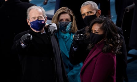 George W Bush, Nancy Pelosi, Barack Obama and Michelle Obama arrive for Joe Biden’s inauguration.