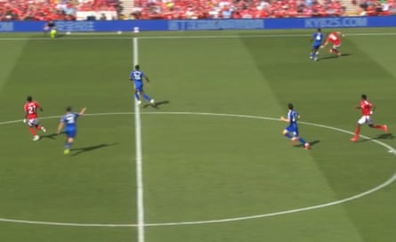 The moment the ball is played, with Anthony Elanga (left) clearly offside