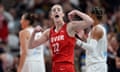 Indiana Fever guard Caitlin Clark reacts during the first half of Friday’s game against the Phoenix Mercury in Indianapolis.