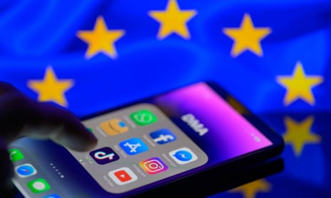 Smartphone displaying apps against background of EU flag