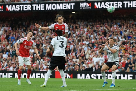 Arsenal's Riccardo Calafiori scores a goal that was later disallowed.