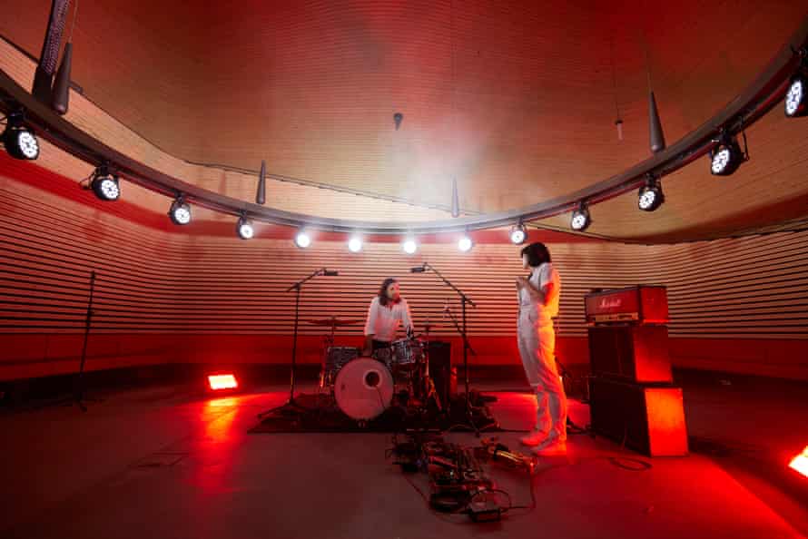 Party Dozen’s saxophone and percussion duo Kirsty Tickle and Jonathan Boulet perform to an empty auditorium at Phoenix Central Park.