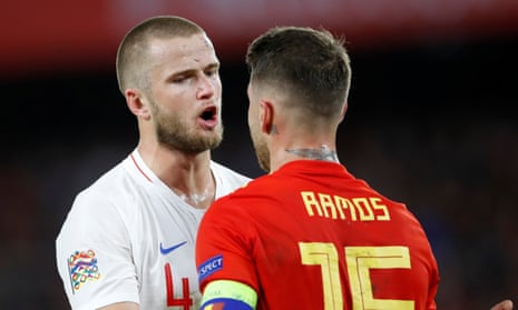 England’s Eric Dier talks to Spain’s captain Sergio Ramos, who was on target in injury time of their 3-2 defeat.