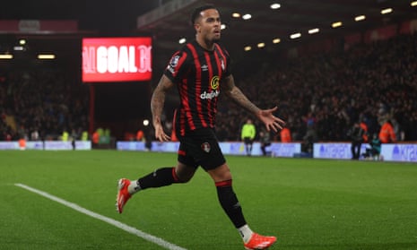 Justin Kluivert celebrates after scoring for Bournemouth against Crystal Palace.