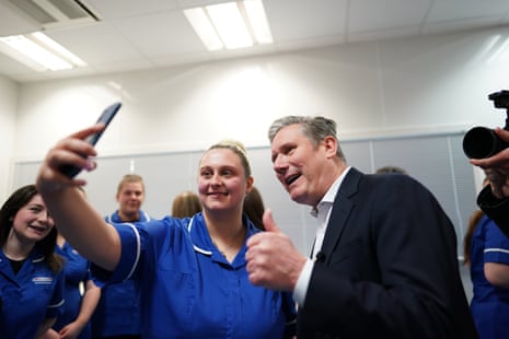 Keir Starmer posing for a selfie with a member of staff at Middlesbrough College health ward this morning.