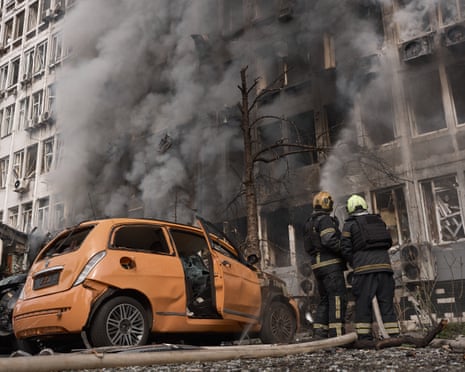 Firefighters work to extinguish a fire at an office building in Kyiv's Solomianskyi district following a strike by a Russian Geran-5 jet-powered attack drone during an aerial attack on the Ukrainian capital on 23 September, 2026 in Kyiv, Ukraine.