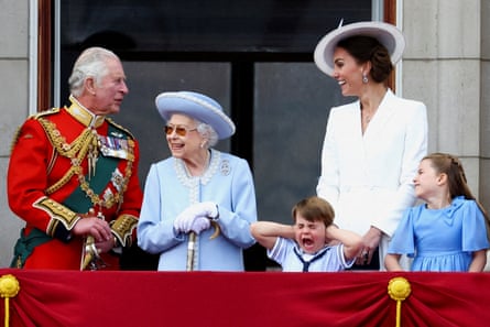 Prince Charles, Queen Elizabeth and Catherine, Duchess of Cambridge, along with Princess Charlotte and Prince Louis appear on the balcony of Buckingham Palace as part of Trooping the Colour parade during the Queen’s Platinum Jubilee celebrations in London on 2 June 2022