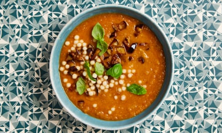 Yotam Ottolenghi and Sami Tamimi’s burnt aubergine and mograbieh soup.