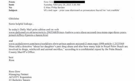 An email from Ross Gow to Ghislaine Maxwell.