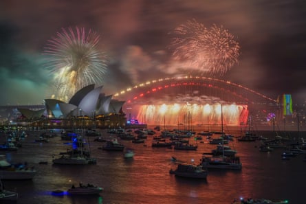 Fireworks over the Sydney Opera House and Harbor Bridge.