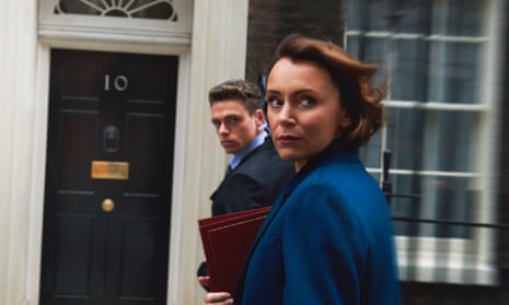 Actors Keeley Hawes, as home secretary, and Richard Madden, as her protection officer, in the drama series Bodyguard.