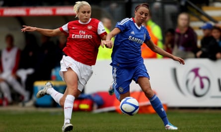 Ashlee Hincks of Chelsea (right) up against Steph Houghton of Arsenal during the inaugural FA Women’s Super League match on 13 April 2011