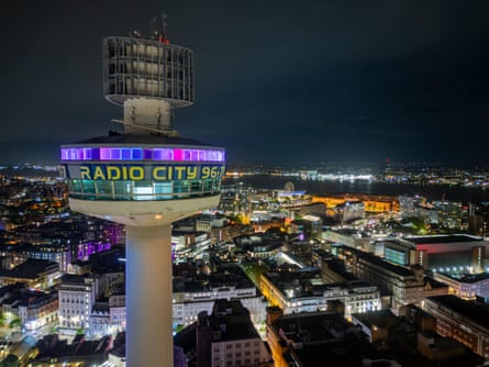 Aerial photo of St Johns Beacon at night with Liverpool city centre beneath it