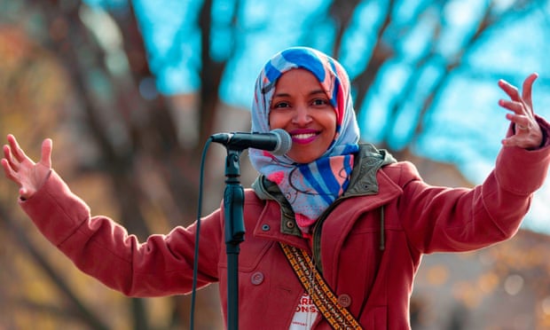 Ilhan Omar speaks to a supporters in Minneapolis.