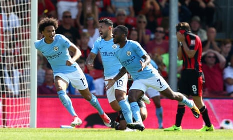 Raheem Sterling celebrates scoring Manchester City’s second goal against Bournemouth