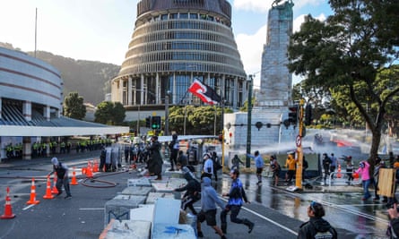 Protesters face off with police near parliament in Wellington.