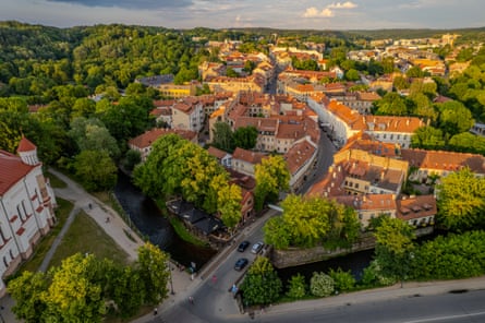 Aerial view of the trees and red roofed buildings of Užupis