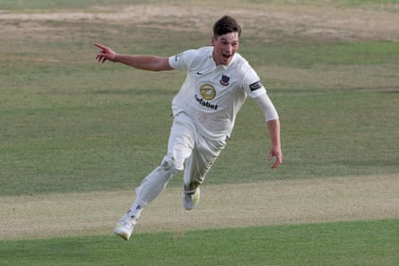 Henry Crocombe celebrates his hat-trick against Essex