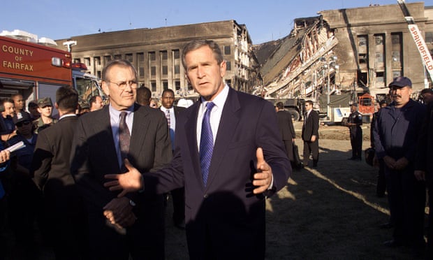 Donald Rumsfeld and Bush visit the Pentagon, Washington DC, 12 September 2011.