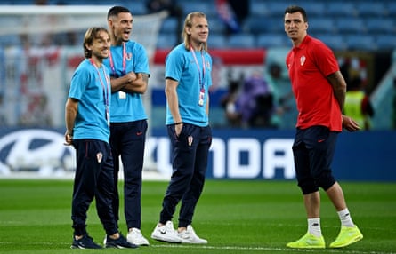 A wily bunch: Croatia's Luka Modric, Dejan Lovren, Domagoj Vida and assistant coach Mario Mandzukic.