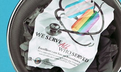 Graphic of crumpled poster and stethoscope in waste can, poster says "We Serve All Who Served"