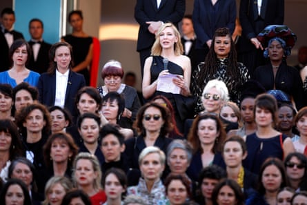 Cate Blanchett (centre) protests the lack of female film-makers honoured at Cannes.