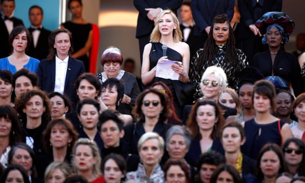 Cate Blanchett reads a statement at the Cannes 5050x2020 protest.