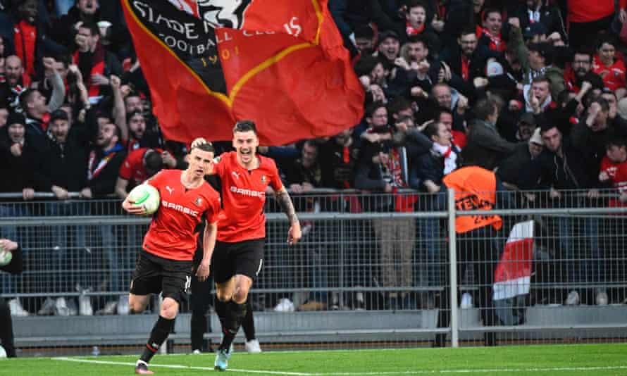 Benjamin Bourigeaud celebrates after making it 1-0 to Rennes