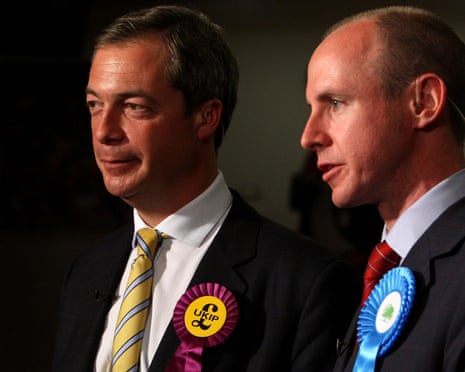 Local and European elections 2009<br>Leader of the United Kingdom Independence Party (UKIP) Nigel Farage MEP (left) and Conservative MEP Daniel Hannan speak to television crews following their election as MEPs at the results for the European Parliamentary Election in the south east, at Saint Mary's Stadium, Southampton.