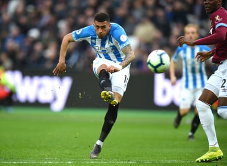 Karlan Grant of Huddersfield scores one of his three goals from six Premier League appearances.